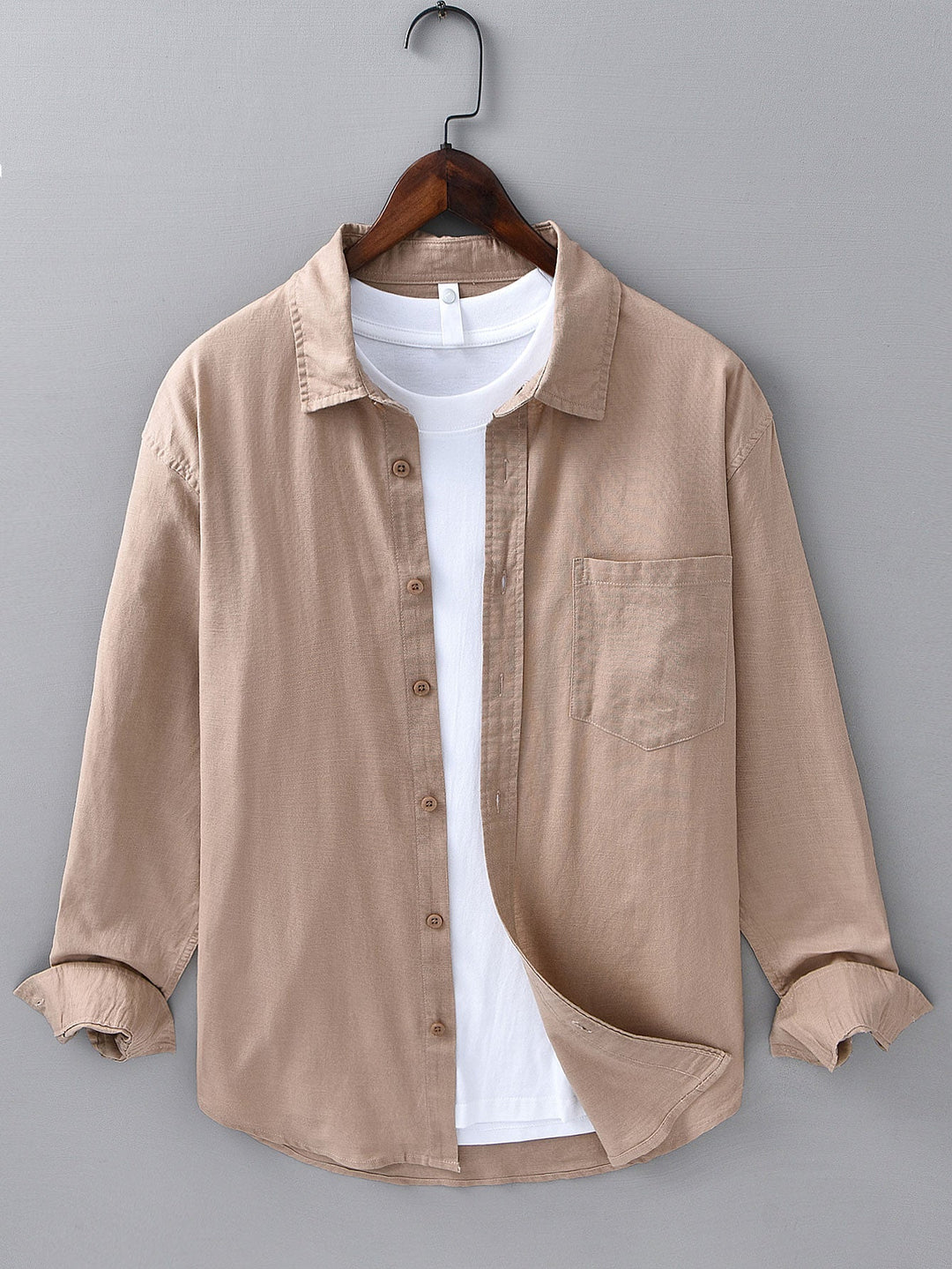Long Sleeve Linen and Cotton Shirt with Pocket