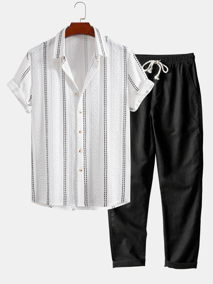Geometric Stripe Jacquard Button-Up Shirt & Straight Leg Linen Pants