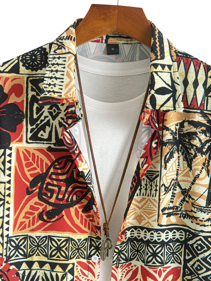 Palm Tree Turtle Geometry to Print Button Shirt Up & Swim Shorts