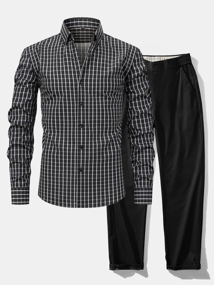 Long Sleeve Checkered Shirt with Buttons & Straight Leg Elastic Waist Pants