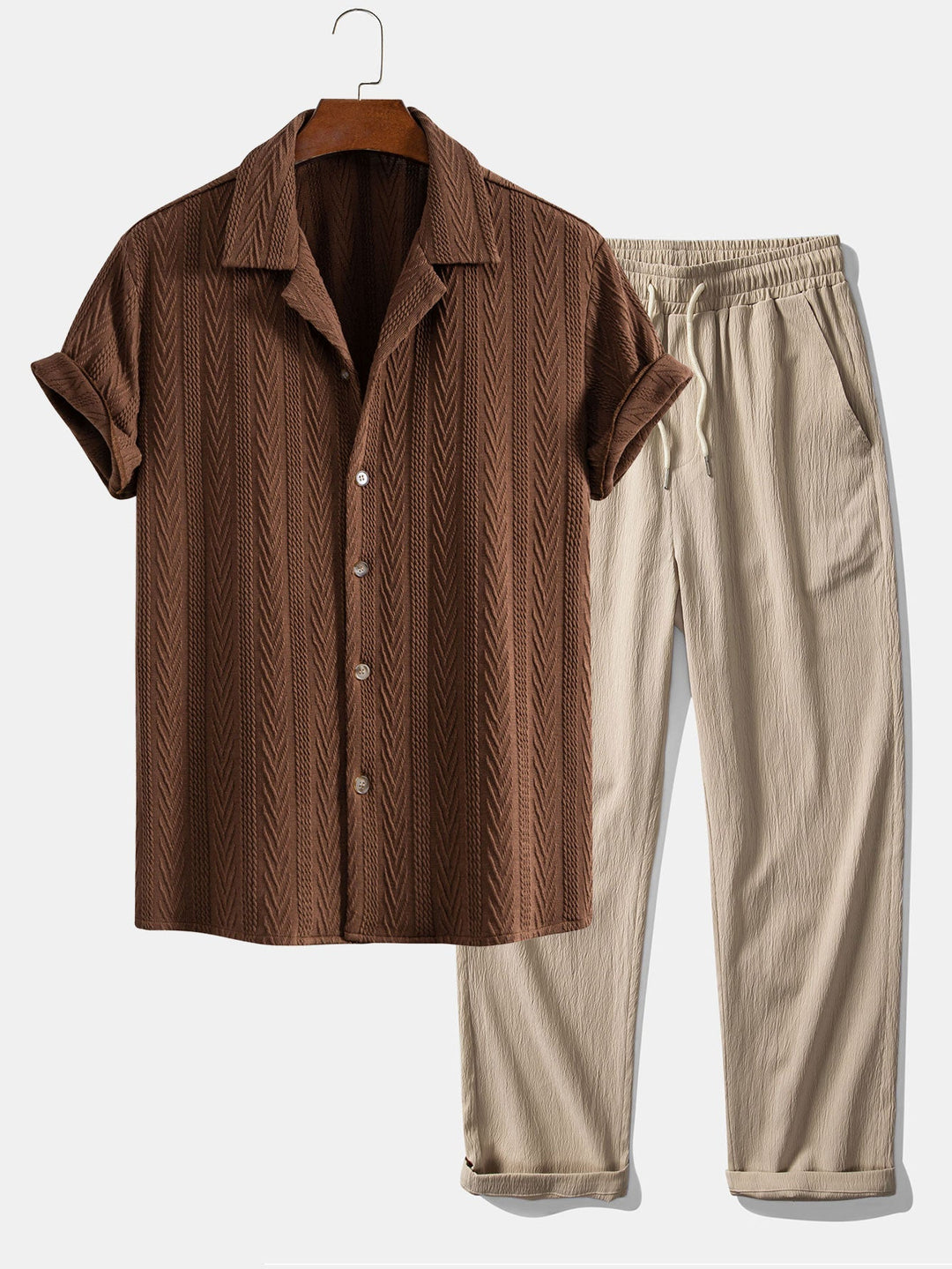 Textured Jacquard Cuban Collar Shirt & Textured Straight Leg Pants