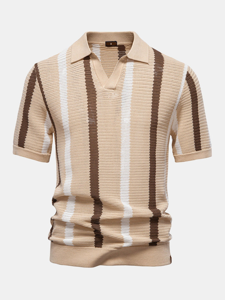 V-Neck Striped Knit Polo