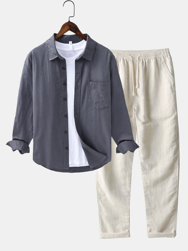 Long Sleeve Linen and Cotton Shirt with Pocket & Straight Leg Linen Pants