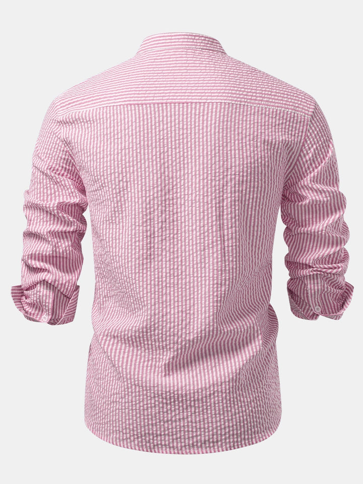 Striped Seersucker Shirt with Stand Collar