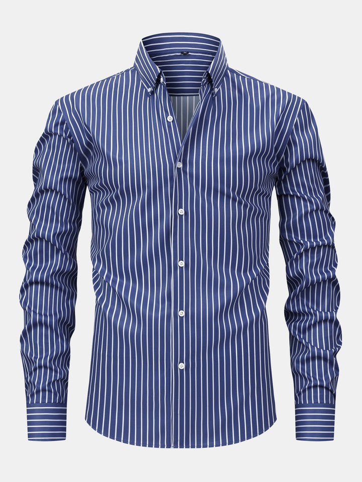 Long Sleeve Striped Shirt with Buttons & Straight Leg Elastic Waist Pants