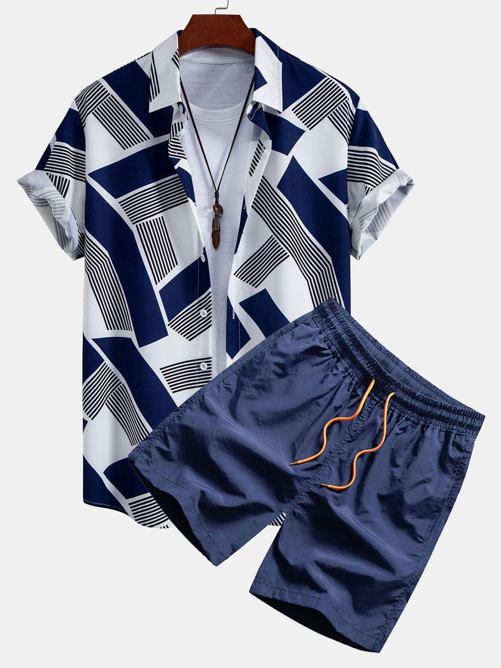 Colorful Geometry Print Button-Up Shirt and Swim Shorts