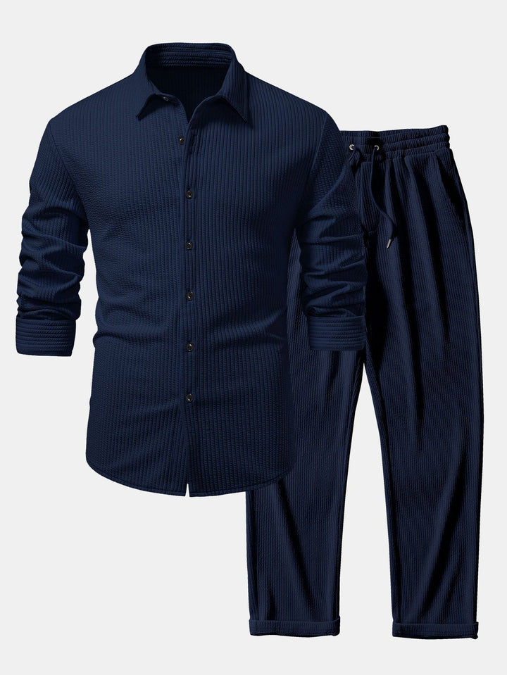 Ribbed Long Sleeve Muscle Fit Shirt, Buttoned & Ribbed Straight Leg Pants