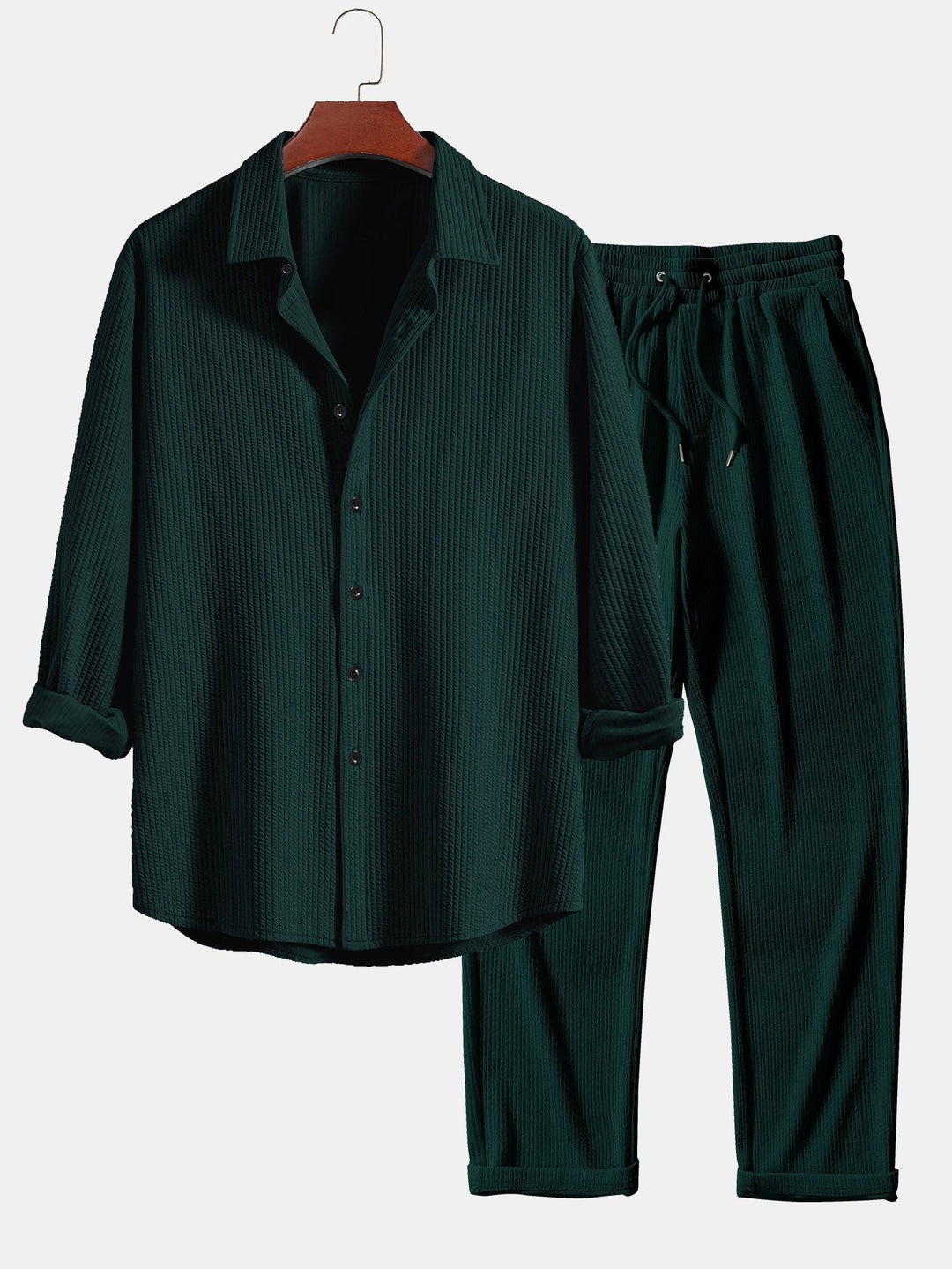 Ribbed Long Sleeve Muscle Fit Shirt, Button-Up & Ribbed Straight Leg Pants