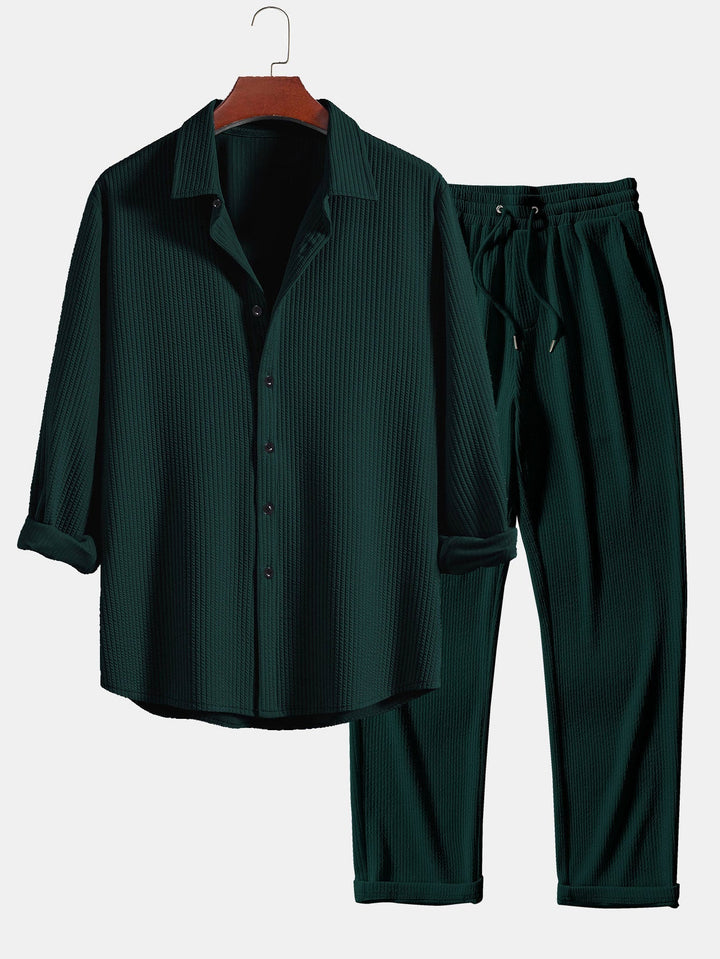 Ribbed Long Sleeve Muscle Fit Shirt, Button-Up & Ribbed Straight Leg Pants