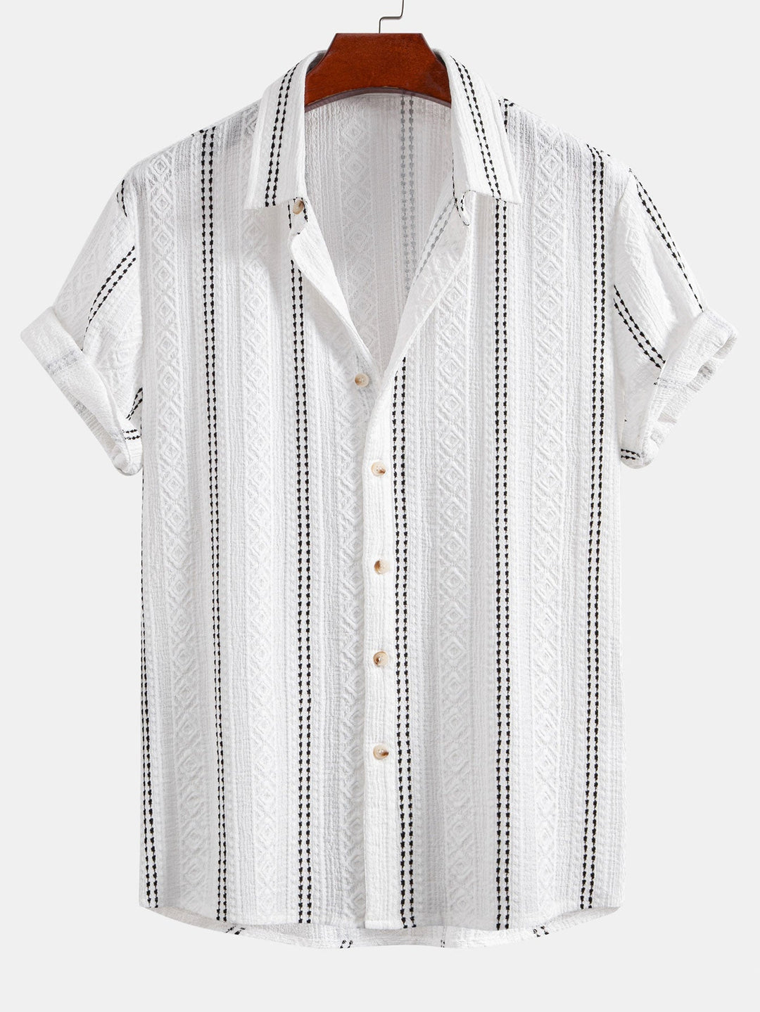 Geometric Stripe Jacquard Button-Up Shirt & Straight Leg Linen Pants