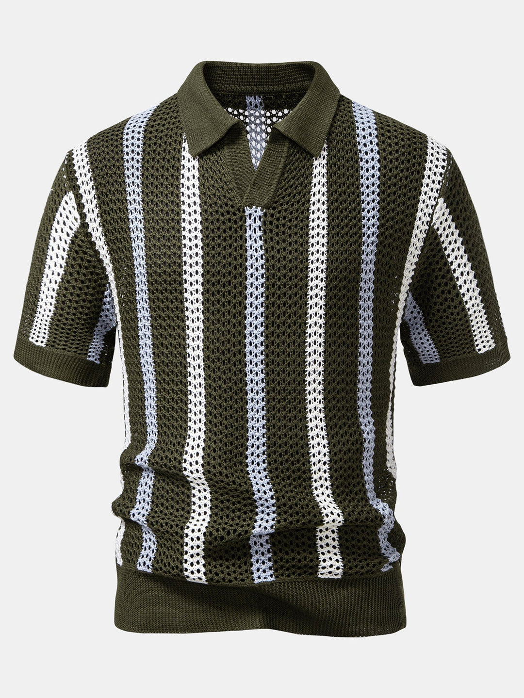 Striped Crochet Polo with V-Neck & Straight Leg Linen Pants