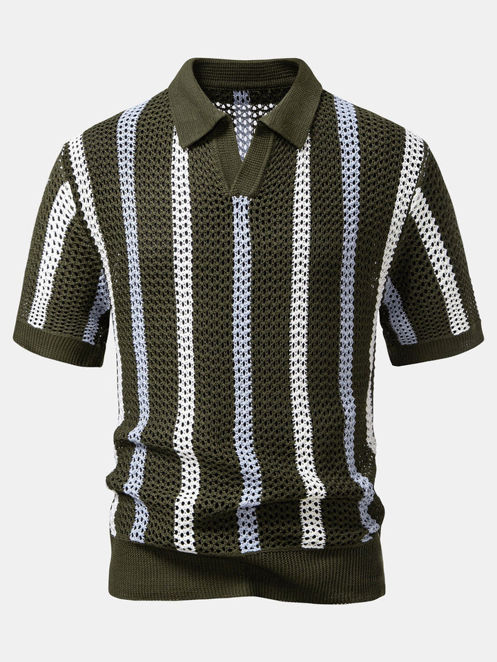 Striped Crochet Polo with V-Neck & Straight Leg Linen Pants