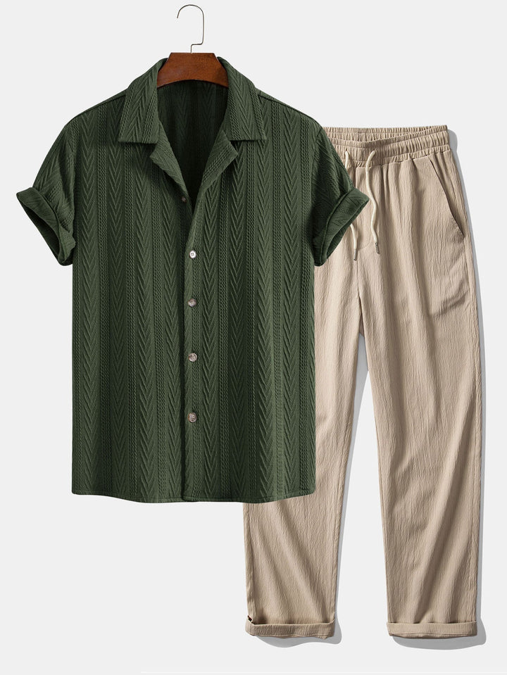 Textured Jacquard Cuban Collar Shirt & Textured Straight Leg Pants