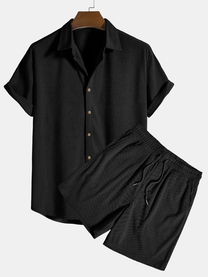 Short Sleeve Corduroy Shirt with Buttons and Shorts
