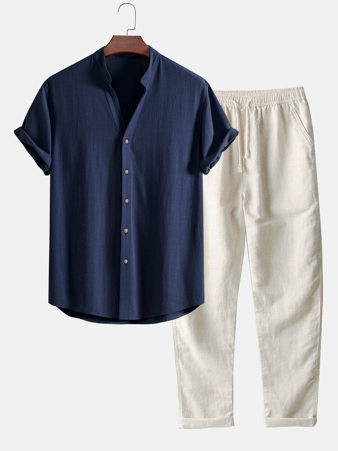 Linen and Rayon Blend V-Neck Shirt & Straight Leg Linen Pants