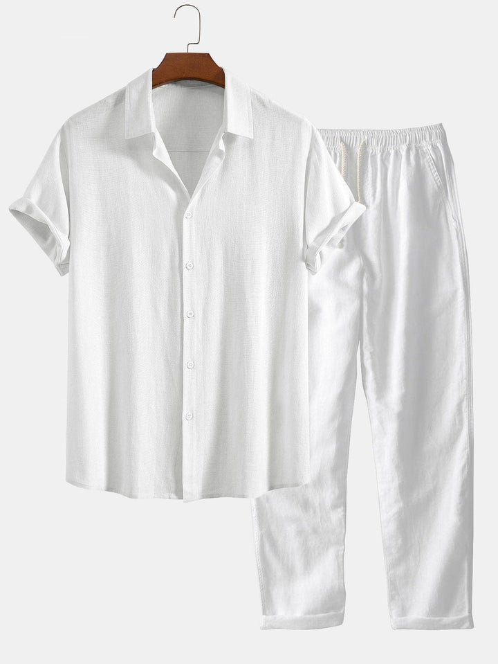 Button-Up Shirt in Linen and Rayon Blend & Straight Leg Linen Pants
