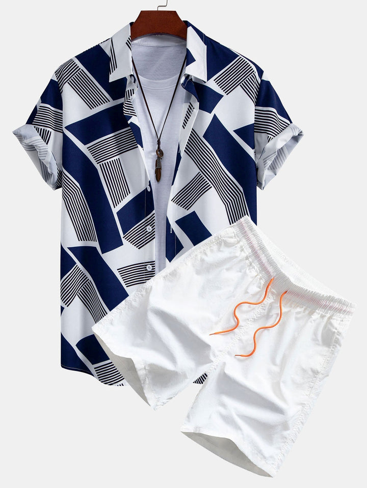 Colorful Geometry Print Button-Up Shirt and Swim Shorts
