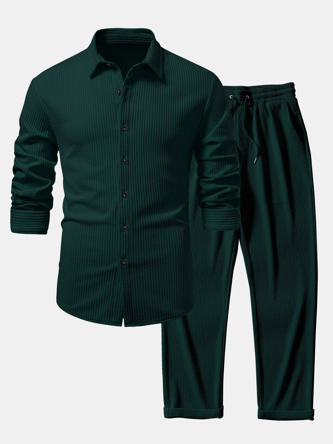Ribbed Long Sleeve Muscle Fit Shirt, Buttoned & Ribbed Straight Leg Pants