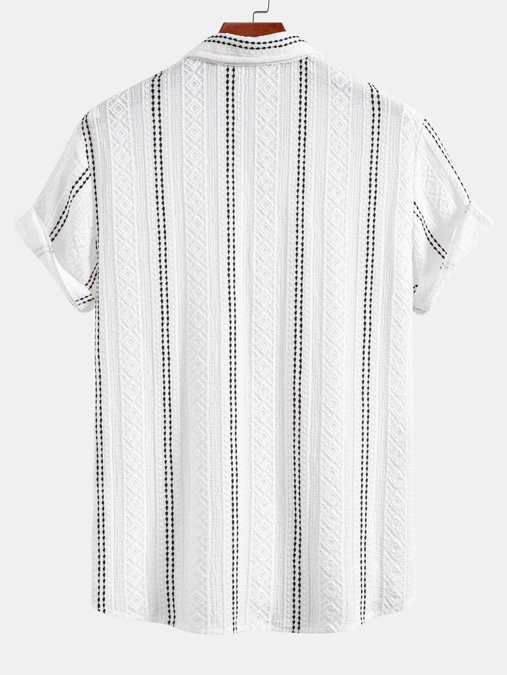 Geometric Stripe Jacquard Button-Up Shirt & Straight Leg Linen Pants