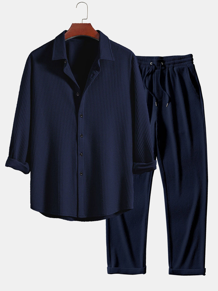 Ribbed Long Sleeve Muscle Fit Shirt, Button-Up & Ribbed Straight Leg Pants