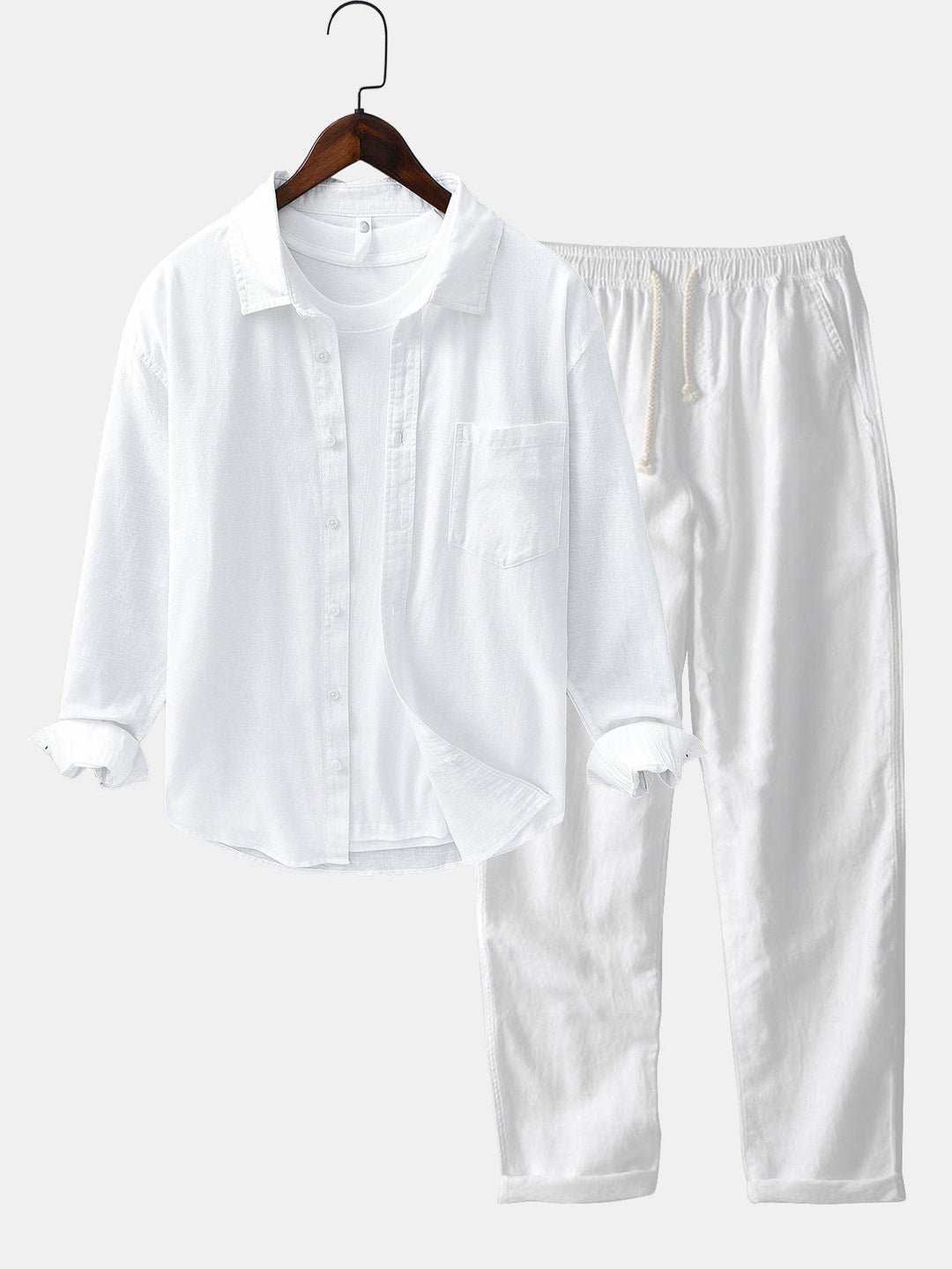 Long Sleeve Linen and Cotton Shirt with Pocket & Straight Leg Linen Pants