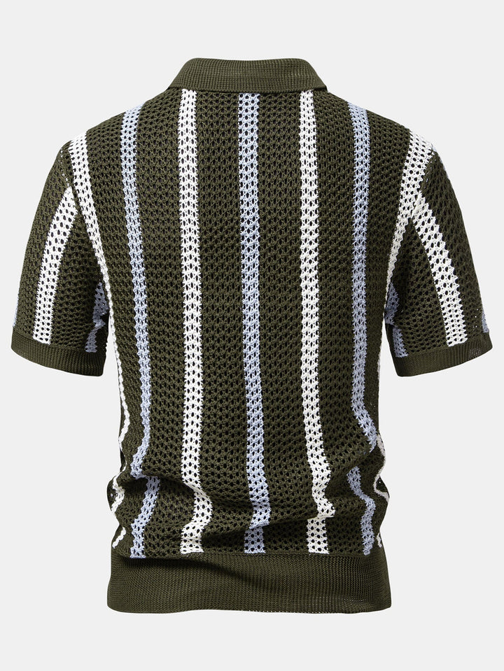 Striped Crochet Polo with V-Neck & Straight Leg Linen Pants