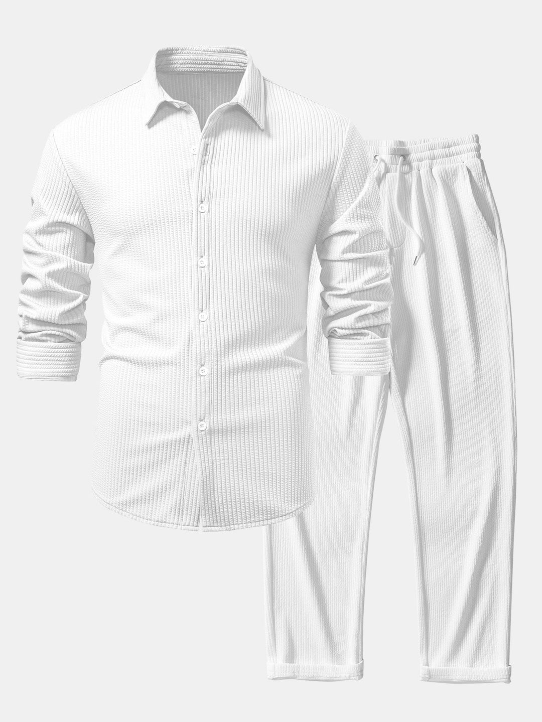 Ribbed Long Sleeve Muscle Fit Shirt, Buttoned & Ribbed Straight Leg Pants
