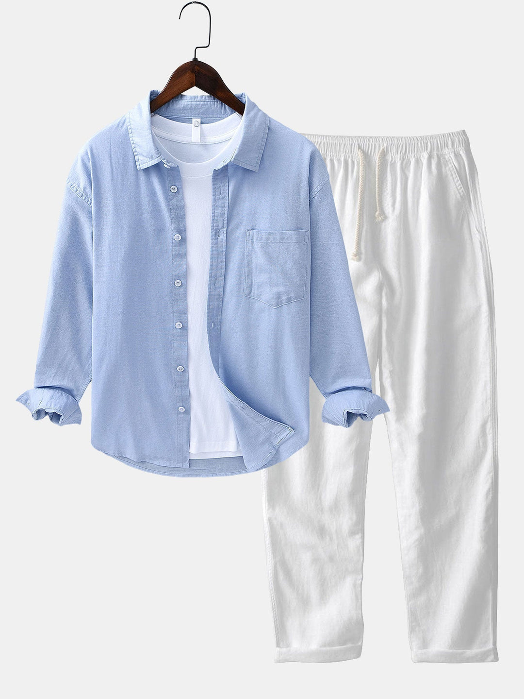 Long Sleeve Linen and Cotton Shirt with Pocket & Straight Leg Linen Pants