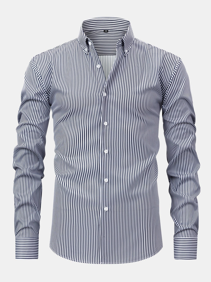 Long Sleeve Striped Shirt with Buttons & Elastic Waist Straight Pants