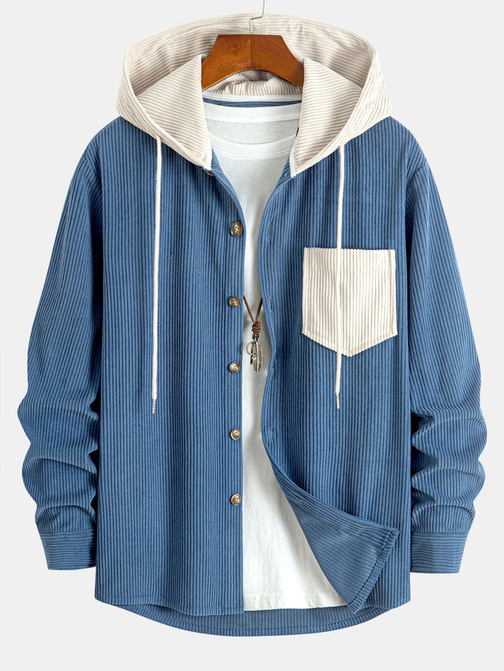 Contrast Corduroy Hooded Shirt with Long Sleeves