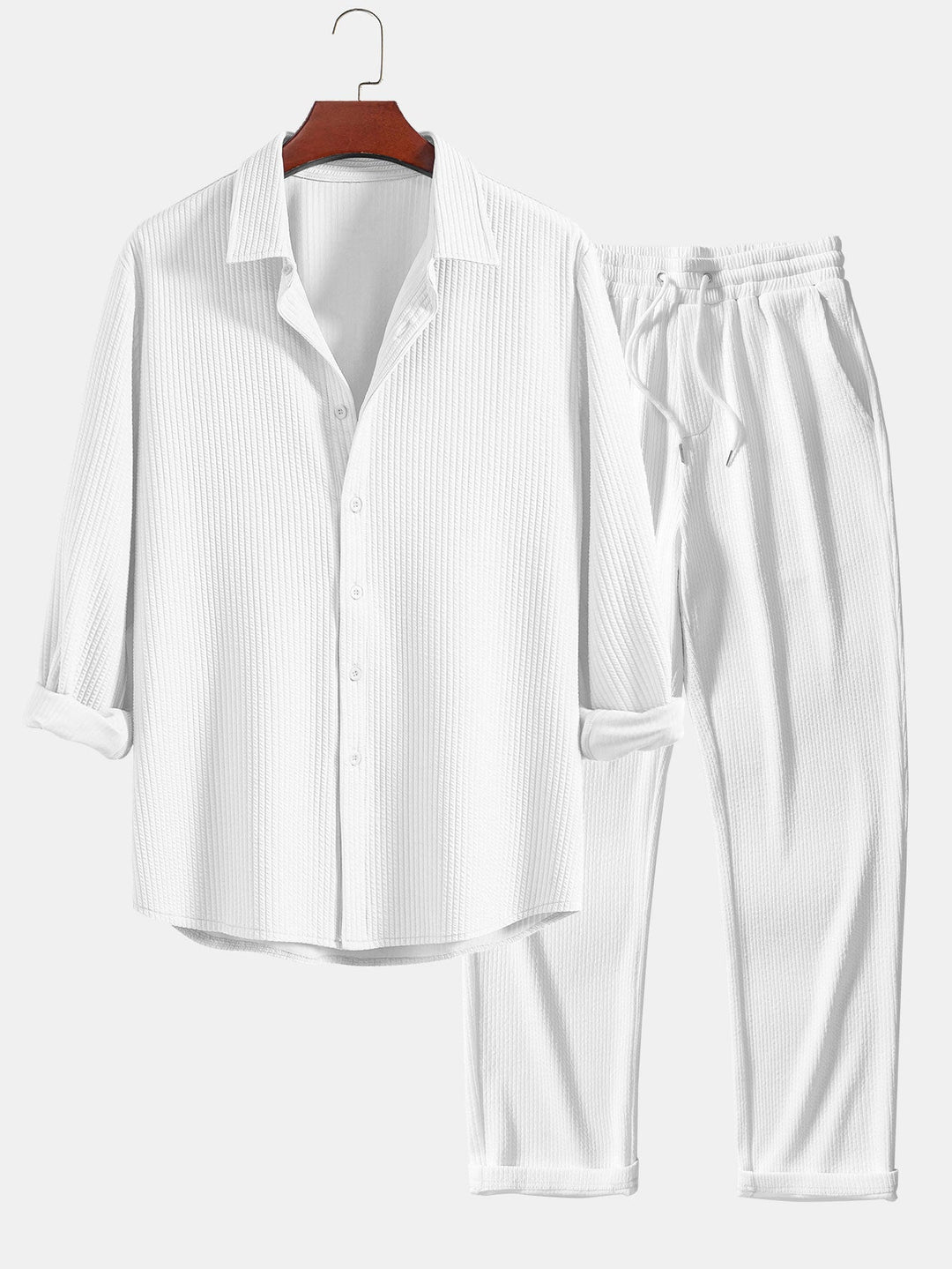 Ribbed Long Sleeve Muscle Fit Shirt, Button-Up & Ribbed Straight Leg Pants