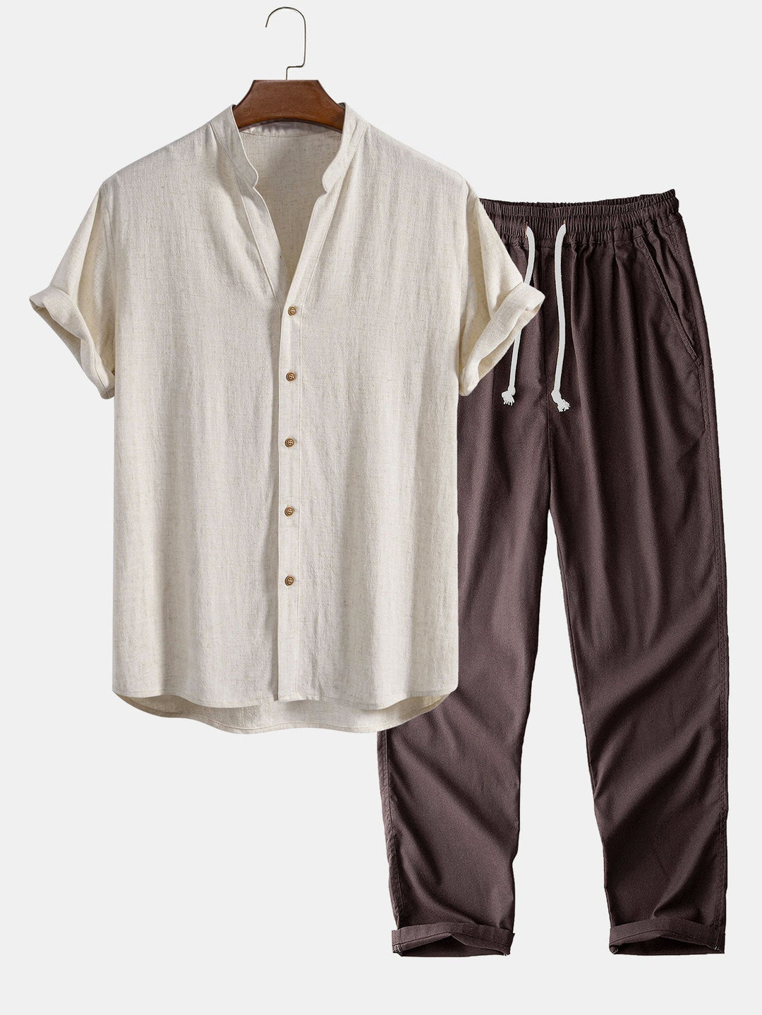 Linen and Rayon Blend V-Neck Shirt & Straight Leg Linen Pants