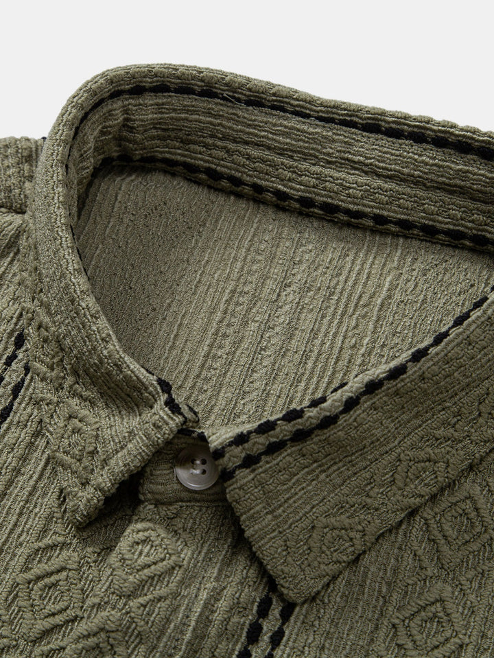 Geometric Stripe Jacquard Button-Up Shirt & Straight Leg Linen Pants