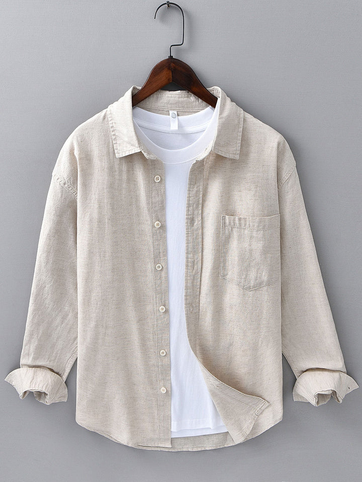 Long Sleeve Linen and Cotton Shirt with Pocket