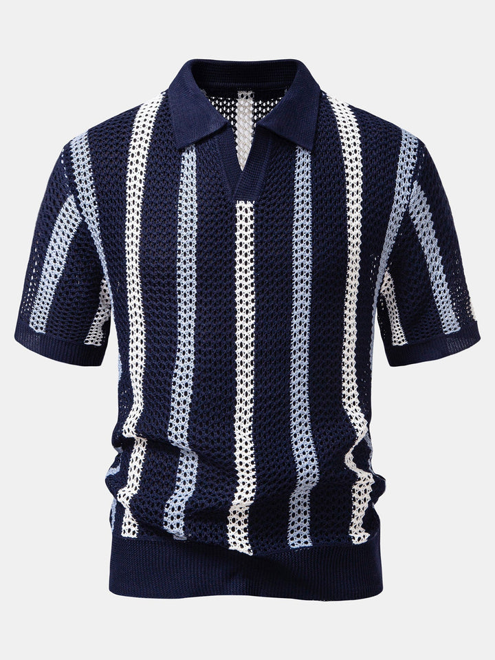 Striped Crochet Polo with V-Neck & Straight Leg Linen Pants