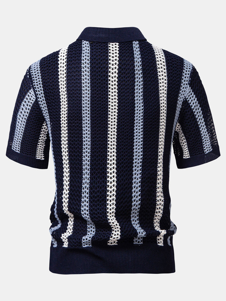 Striped Crochet Polo with V-Neck & Straight Leg Linen Pants