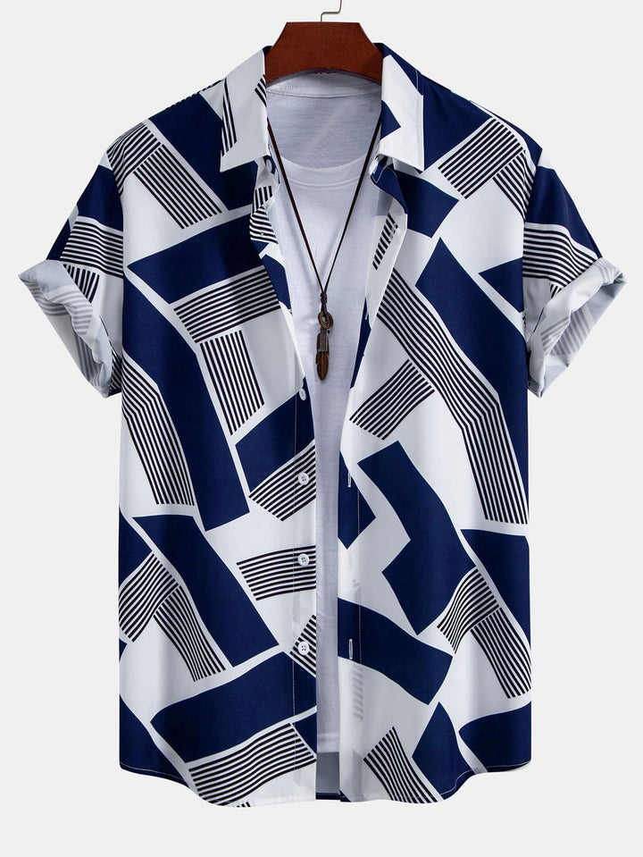 Colorful Geometry Print Button-Up Shirt and Swim Shorts