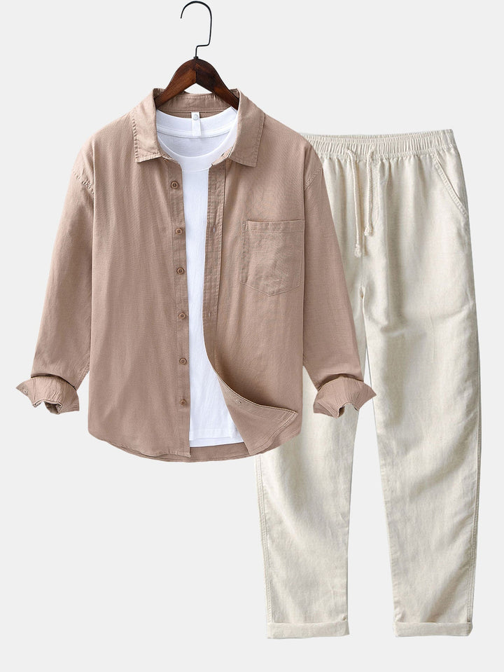 Long Sleeve Linen and Cotton Shirt with Pocket & Straight Leg Linen Pants