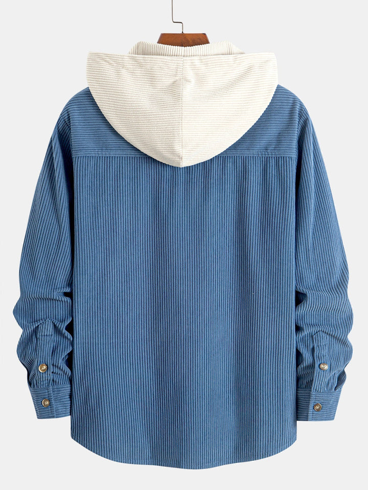 Contrast Corduroy Hooded Shirt with Long Sleeves