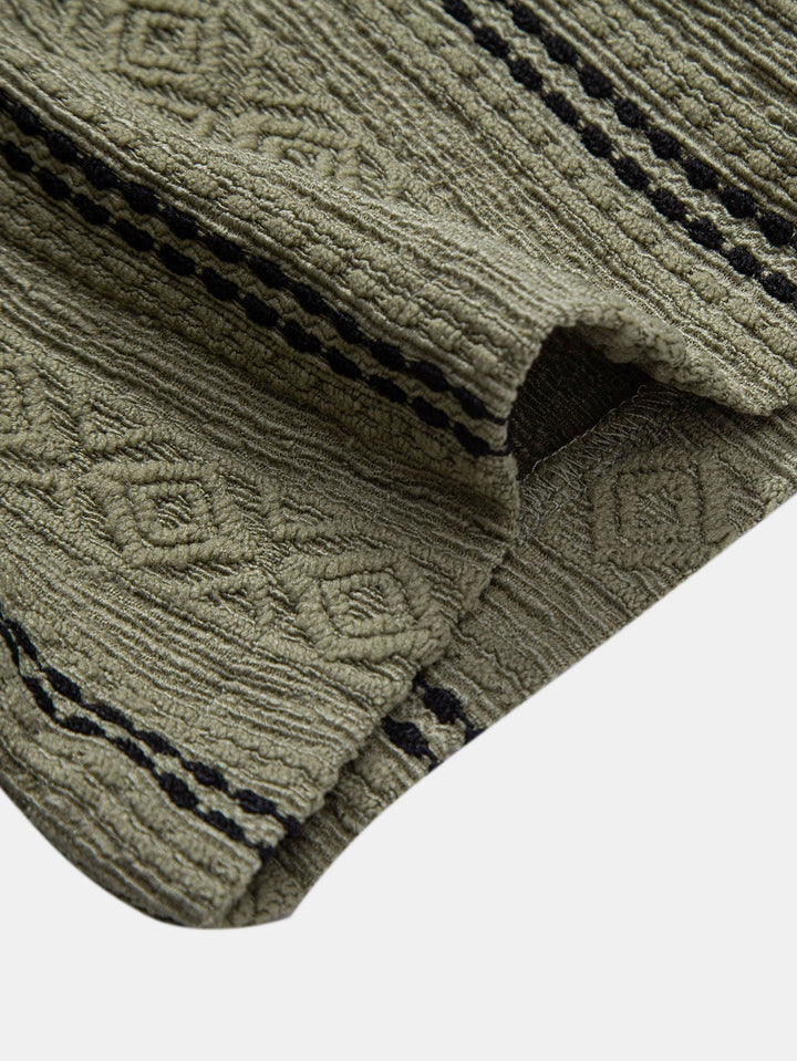 Geometric Stripe Jacquard Button-Up Shirt & Straight Leg Linen Pants
