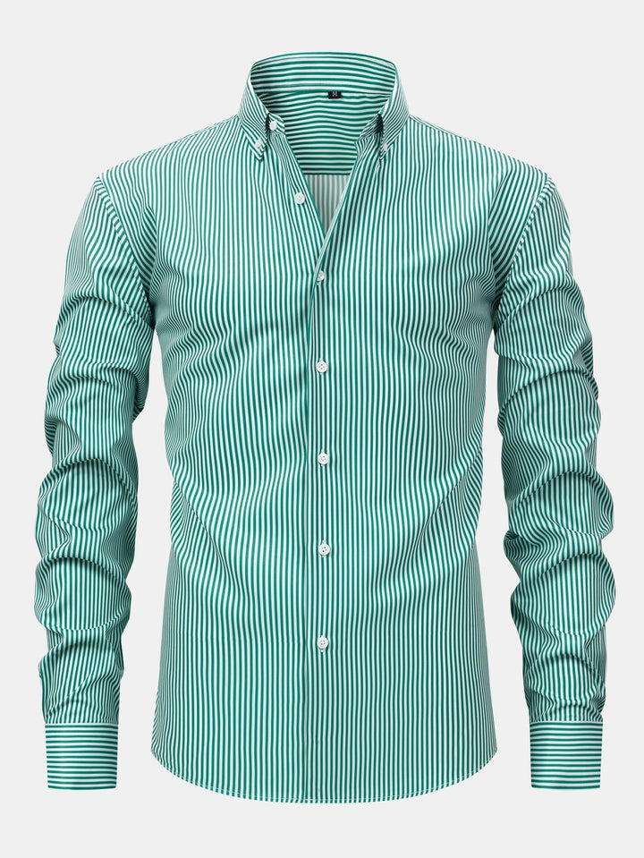 Long Sleeve Striped Shirt with Buttons & Elastic Waist Straight Pants