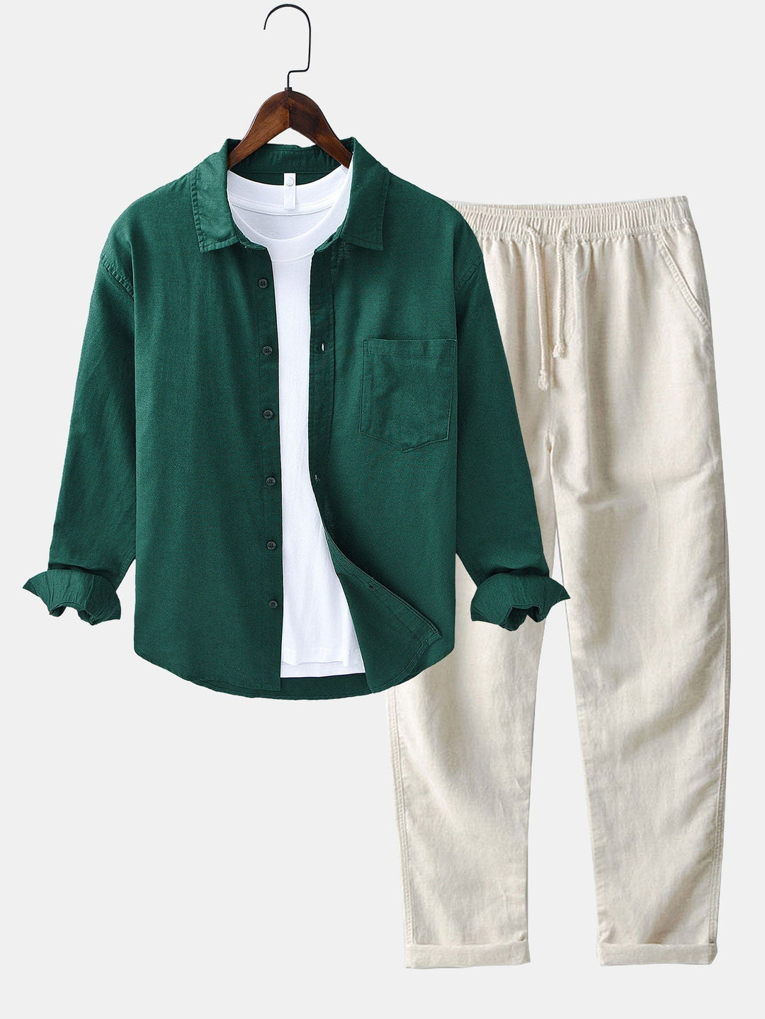 Long Sleeve Linen and Cotton Shirt with Pocket & Straight Leg Linen Pants