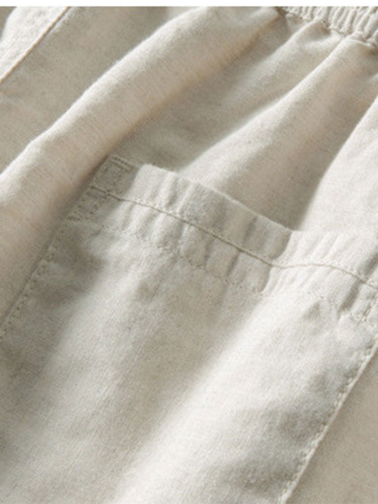 Striped Crochet Polo with V-Neck & Straight Leg Linen Pants