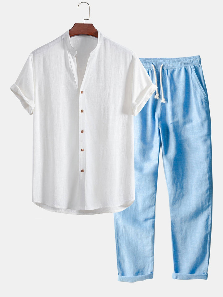 Linen and Rayon Blend V-Neck Shirt & Straight Leg Linen Pants