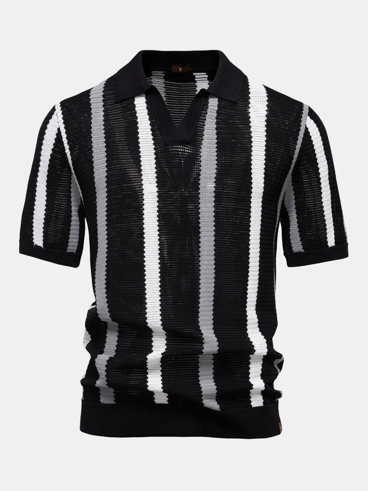 V-Neck Striped Knit Polo
