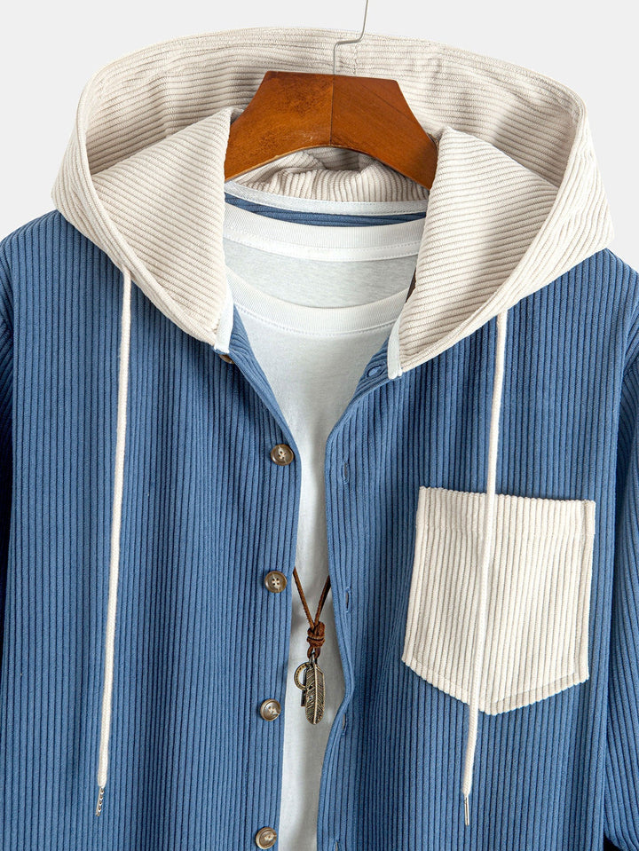 Contrast Corduroy Hooded Shirt with Long Sleeves