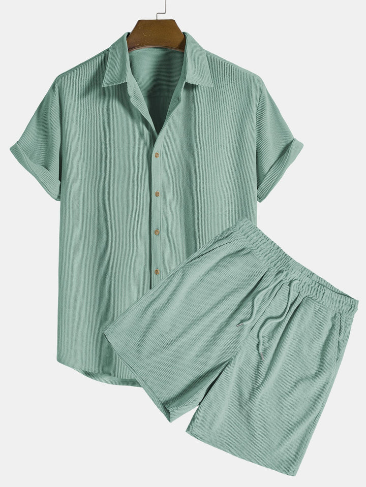 Short Sleeve Corduroy Shirt with Buttons and Shorts