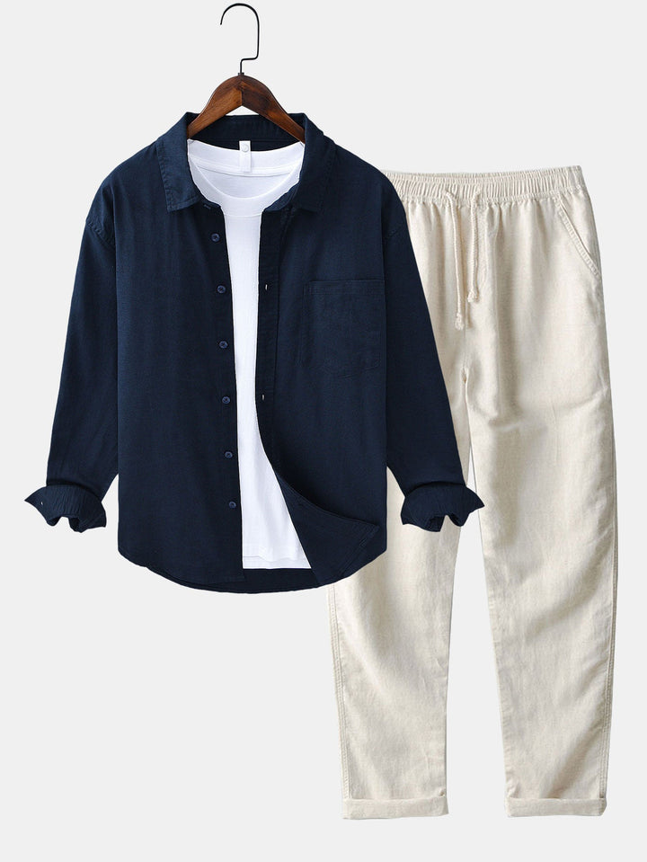 Long Sleeve Linen and Cotton Shirt with Pocket & Straight Leg Linen Pants