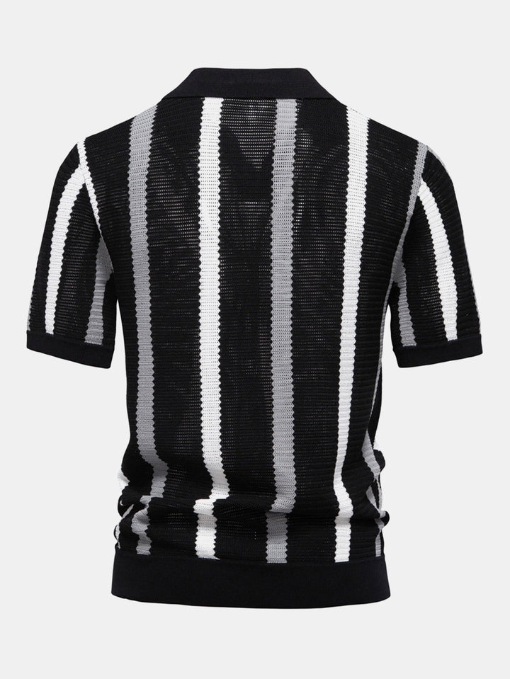 V-Neck Striped Knit Polo