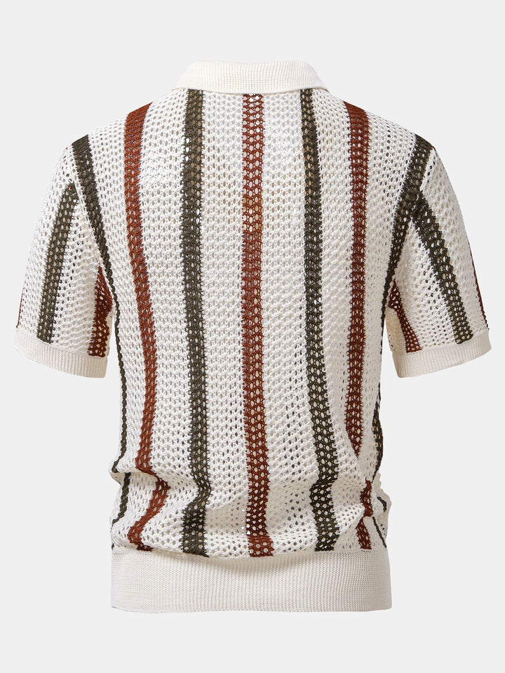 Striped Crochet Polo with V-Neck & Straight Leg Linen Pants